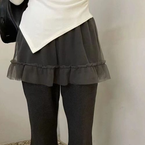 AT fashion秋冬羊毛网纱裙裤屁帘裙拼接微喇叭裤高腰显瘦休闲裤女