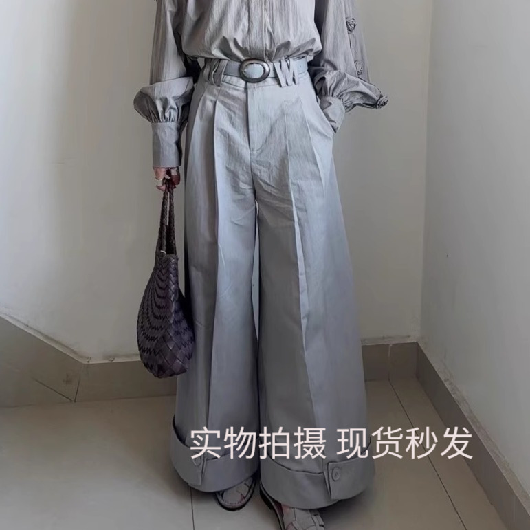 U.YU有鱼春新款设计感高腰显瘦翻边阔腿裤女宽松休闲百搭长裤子棉