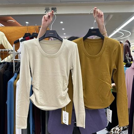 YUAN XI元熙8255冬新款U领垫肩褶皱收腰加绒长袖打底衫女显瘦T恤