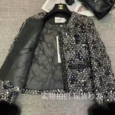 欧货黑色赫本小香风亮片短款夹棉