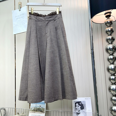 U.YU有鱼复古高腰蕾丝边百褶阔腿裤女休闲裤裙2026春宽松八分裤子