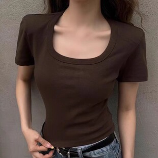 方领纯棉弹力T恤女短袖元熙2026春新款短款正肩修身辣妹露脐上衣