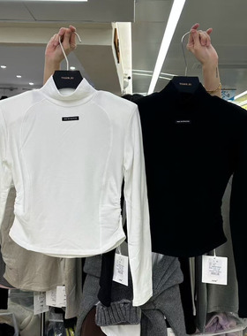 元熙8340半高领垫肩加绒贴标收腰褶皱长袖T恤女修身保暖打底衫冬