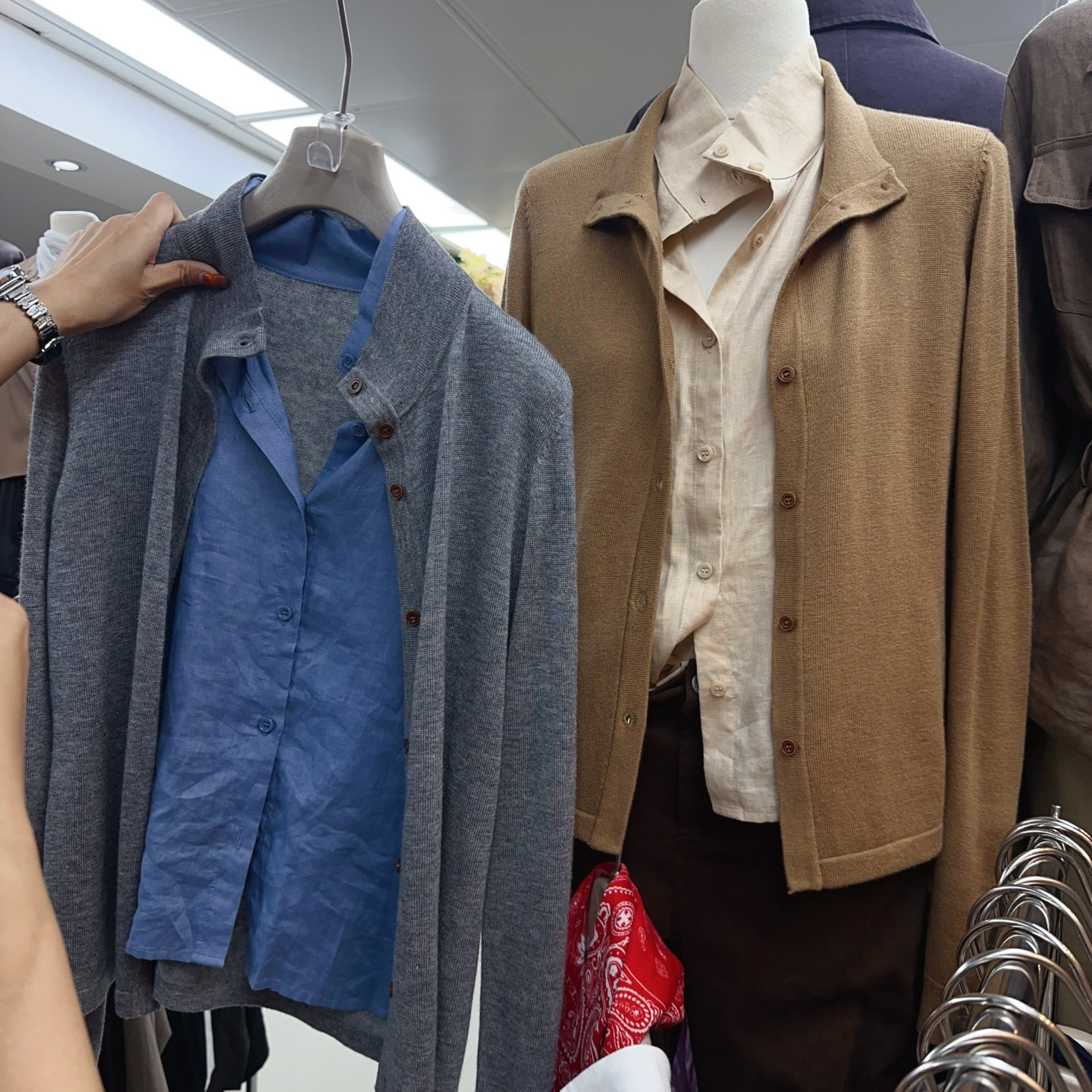 AT fashion老钱麻料衬衫假两件立领羊毛针织开衫女显瘦气质毛衣秋