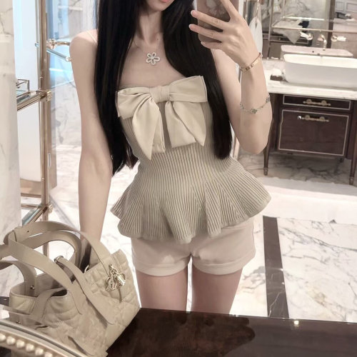 LXYG名媛气质纯欲千金掐腰蝴蝶结抹胸收腰显瘦针织上衣女外穿打底