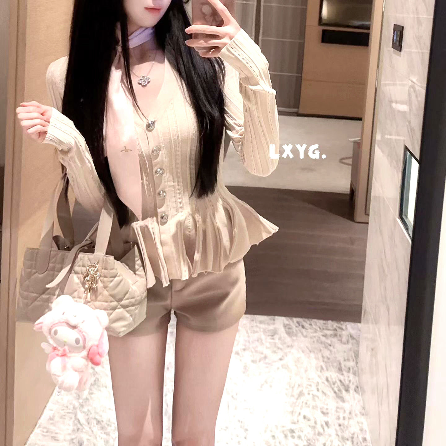 LXYG春小香风名媛V领长袖针织开衫女丝巾荷叶边收腰上衣显瘦外套