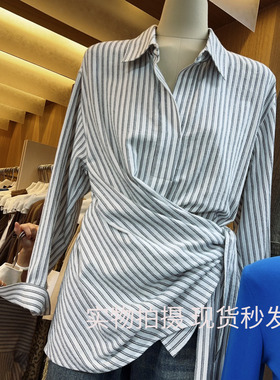 MADEINOST设计感老钱风棉麻条纹POLO领条纹长袖绑带衬衫上衣秋潮