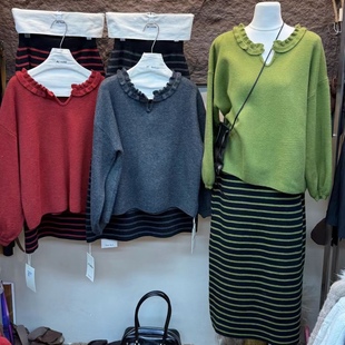 软糯毛衣 女宽松2025秋冬新款 fashion木耳边V领慵懒上衣针织衫