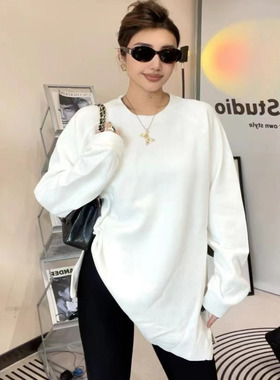 YUAN XI元熙6272秋冬大版加绒纯色开叉宽松卫衣女慵懒风中长款T恤