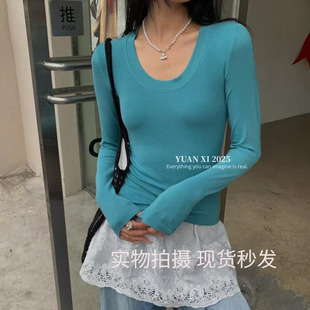 XI元 显瘦打底衫 熙8081气质U领长袖 修身 上衣 T恤女2025秋新款 YUAN