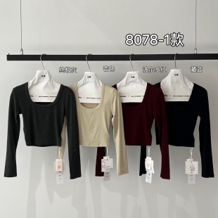 T恤女弹力显瘦上衣小个子打底衫 元 长袖 1辣妹设计U领短款 秋 熙8078