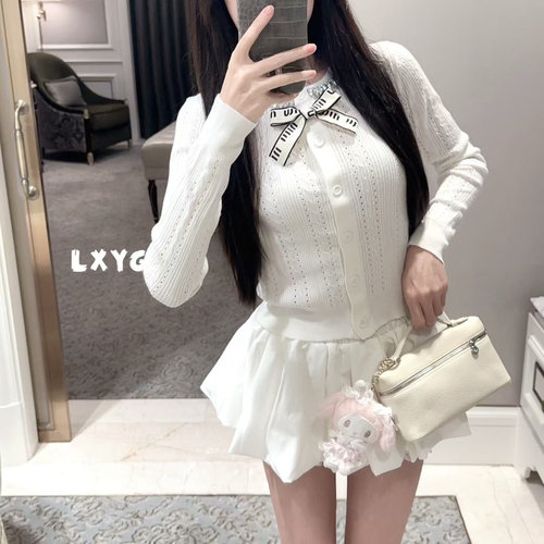 LXYG小香风miu系蝴蝶结白色长袖针织开衫女修身显瘦减龄外套上衣