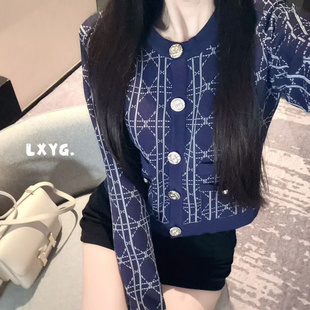 LXYG法式小香风藏蓝色设计感绝美长袖针织开衫女短袖修身显瘦上衣