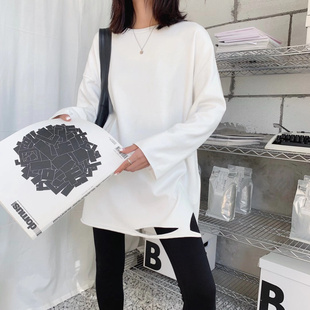 元熙614破洞打底衫女白色长袖T恤女加绒加厚韩版宽松大码潮内搭潮