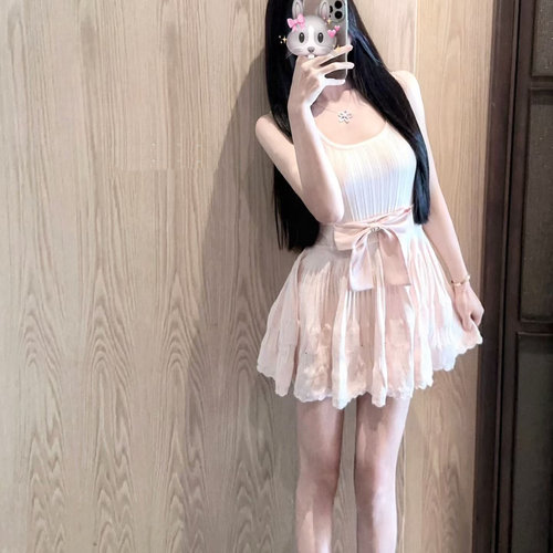 LXYG粉色蝴蝶结无袖背心针织吊带连衣裙女2026夏纯欲温柔小个裙子