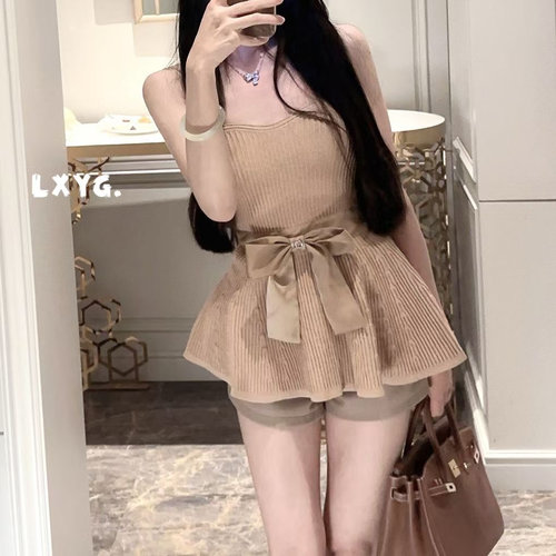 LXYG名媛纯欲蝴蝶结掐腰显瘦针织抹胸裙吊带女夏装绝美一字肩上衣