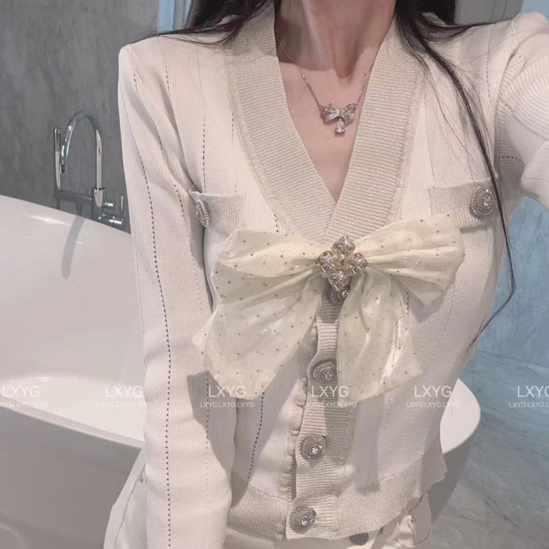 明星同款小香风金线针织开衫女LXYG春蝴蝶结名媛气质修身短款上衣