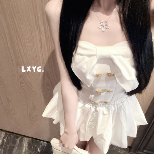 LXYG纯欲性感大蝴蝶结双排金属扣抹胸上衣女收腰显瘦露背针织背心