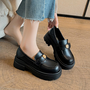 山茶花厚底乐福鞋女2026年新款英伦风黑色小皮鞋一脚蹬单鞋