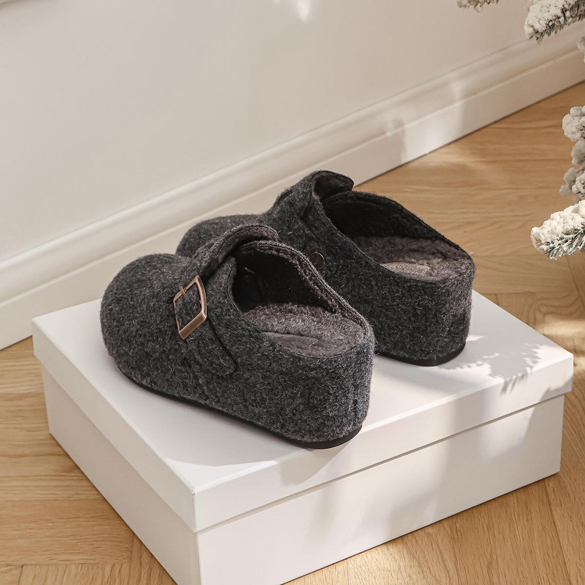 秋冬勃肯鞋7CM内增高加绒半拖