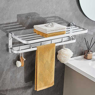 毛巾架免打孔浴巾架卫生间浴室置物架一体壁挂折叠收纳架子银色