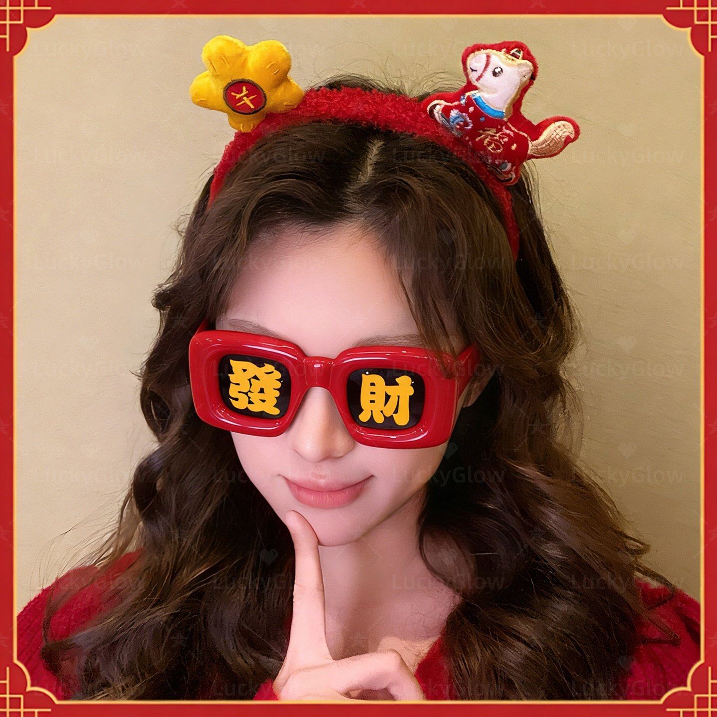 新年拍照道工具眼镜好运发财暴富红黄色影楼写真拍摄氛围感装饰品