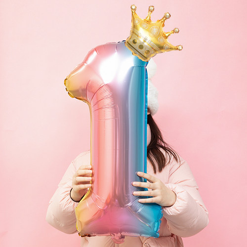 儿童生日渐变色皇冠数字气球