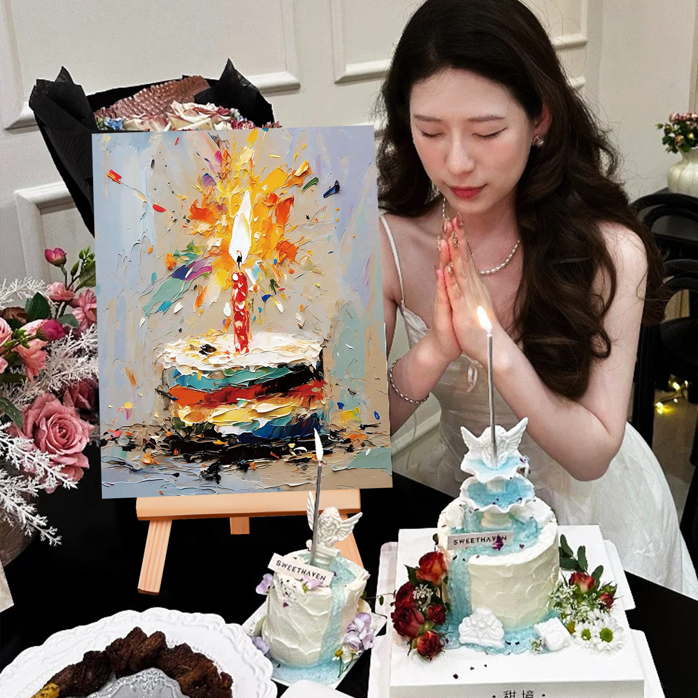 生日装饰创意用品氛围感拍照道具油画蛋糕KT板派对餐厅桌面摆件图片