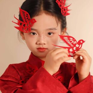 儿童新中式新年红色剪纸头饰喜鹊国风古风汉服发饰发簪发夹写真