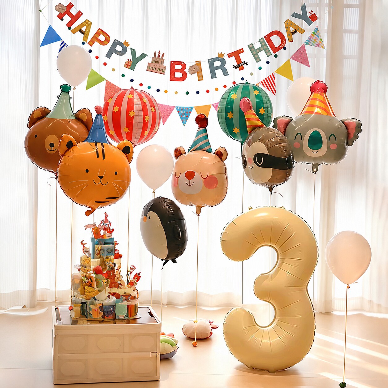 儿童3周岁生日场景布置动物气球图片
