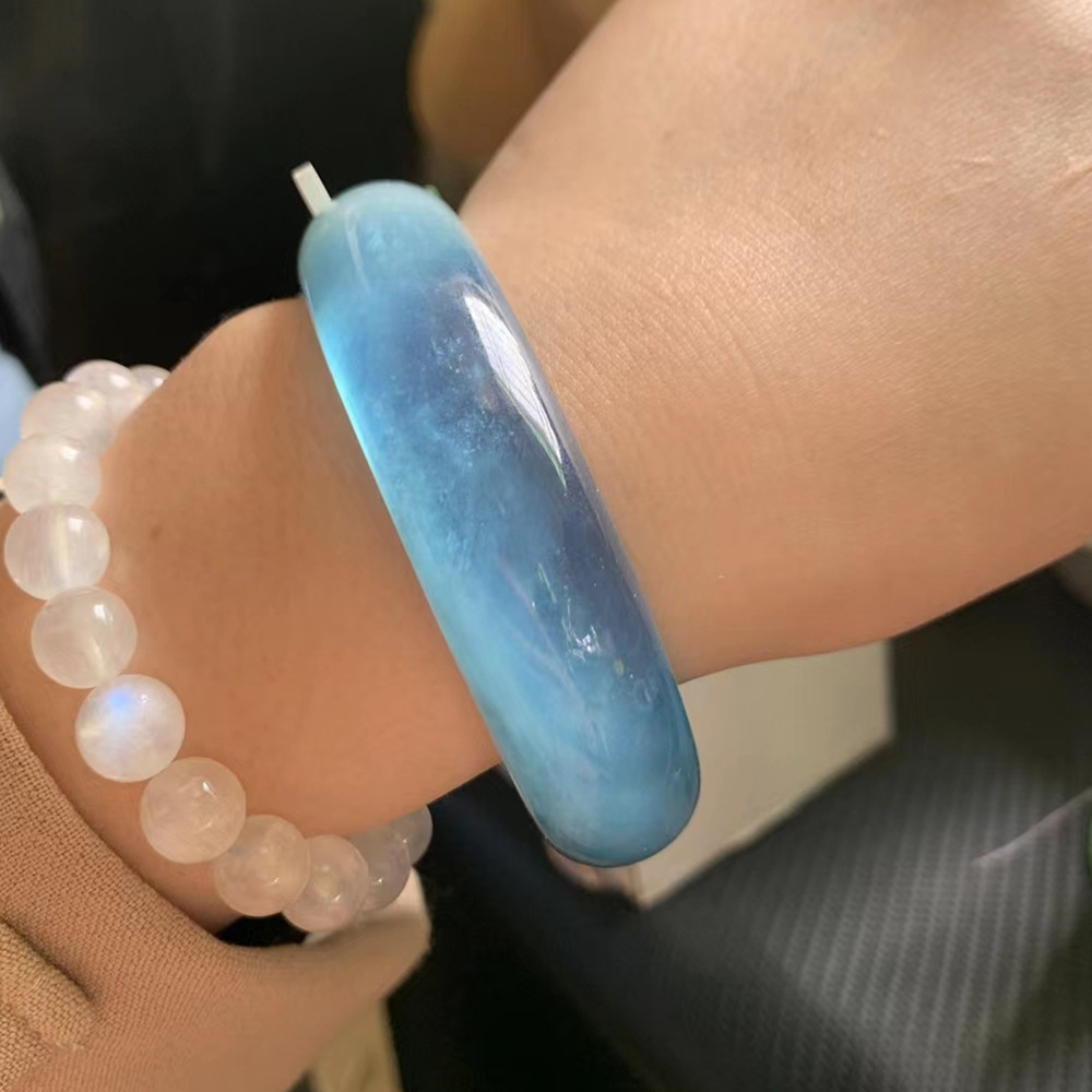 收藏级天然水晶海蓝宝手镯女款饰品 巴西冰种水润星光海蓝宝手镯