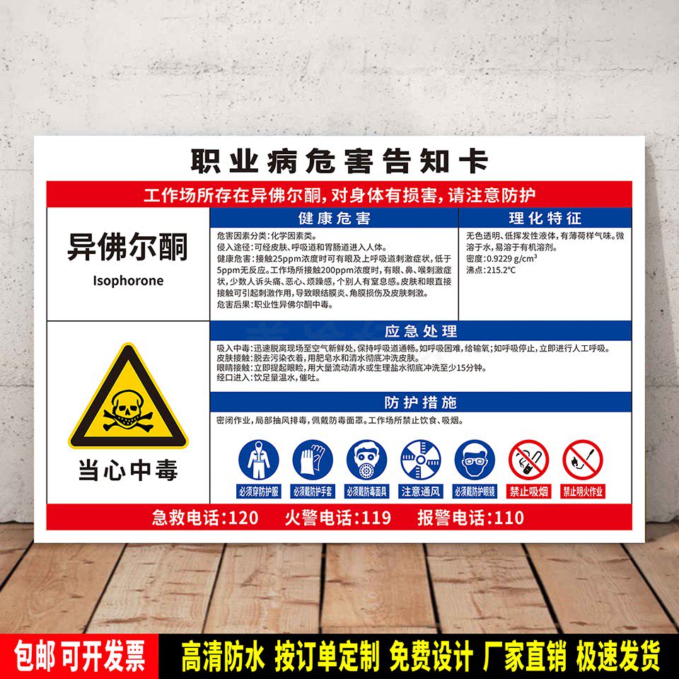 异佛尔酮 警示标识贴纸 防水ABS板提示牌 职业病安全告知卡 定制 - 实物图