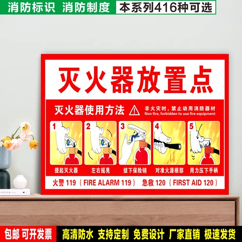 灭火器放置点灭火器使用方法 防水粘贴纸硬质PVC牌消防标识 XF222