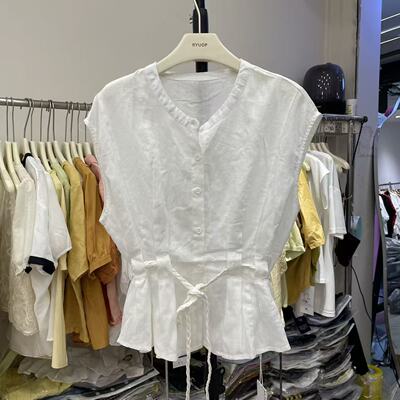 欧货高端气质无袖白色衬衫女 2025夏季新款百搭系带显瘦上衣8418