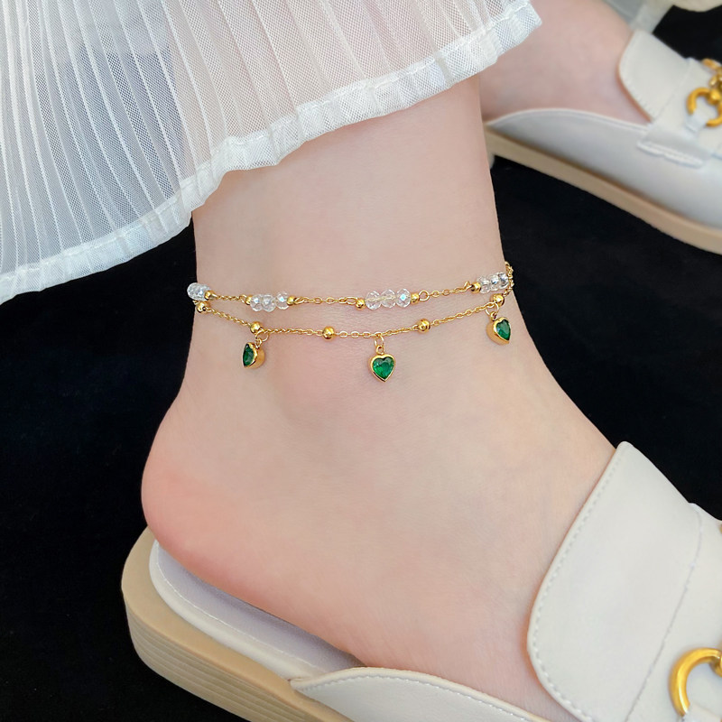 绿色爱心脚链女2026新款潮轻奢高级感小众设计足链不掉色异域脚环