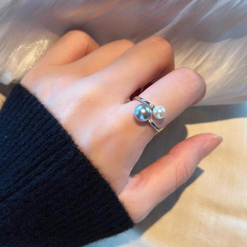 s925纯银珍珠戒指女小众设计指戒轻奢高级感可调节大小指环尾戒