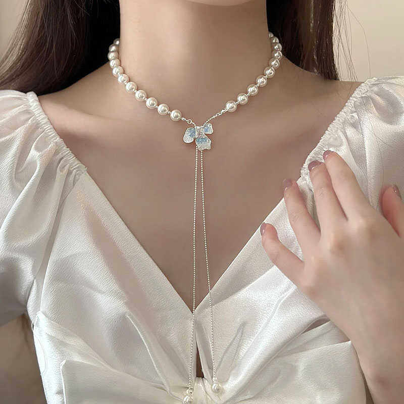 碎冰蓝蝴蝶珍珠项链配饰女小众设计感抽拉式流苏链配裙子2026新款