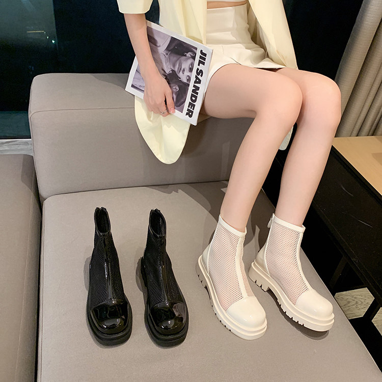 2021年新款网面拼接漆皮单靴~后拉链镂空透气凉靴厚底短靴