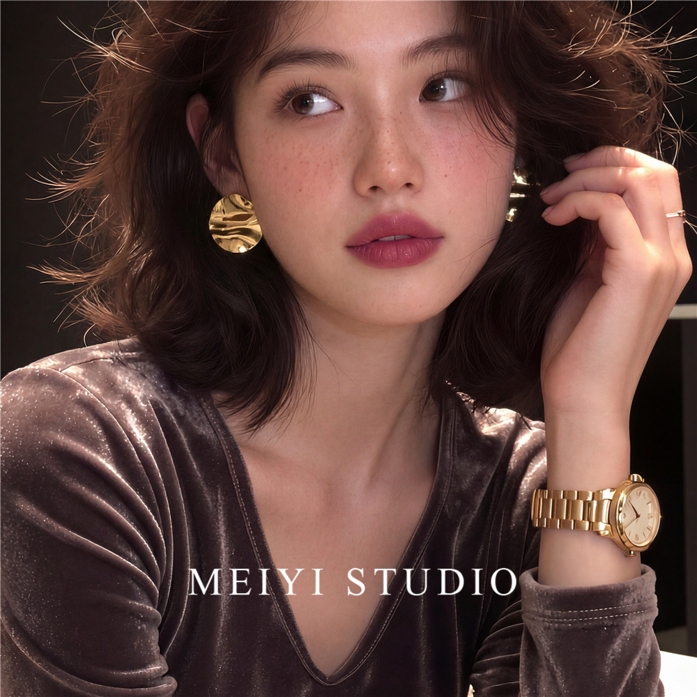 流淌的光~法式精致褶皱金属圆形耳钉 高级感简约冷淡风气质耳环潮