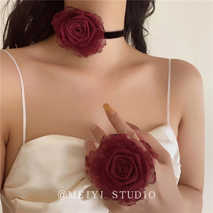 东方韵味~新中式枯萎玫瑰花朵系带项链女 高级感颈带出片度假戒指