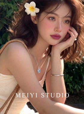 银色蓝调油画风珍珠吊坠项链