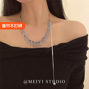 闪钻碎片~欧美简约轻奢瀑布流苏可抽拉项链 小众辣妹气质锁骨链潮