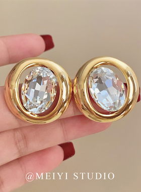 圣尼薇亚~法式复古金属鸽子蛋锆石圆形耳钉 轻奢高级感小众耳环潮