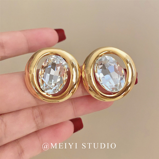 轻奢高级感小众耳环潮 复古金属鸽子蛋锆石圆形耳钉 圣尼薇亚 法式