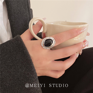 黑妙幻语~不规则金属边黑曜石镶嵌夸张戒指 简约气质小众无名指环