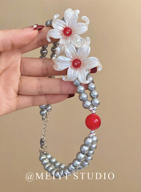 甜酷辣妹立体花朵珍珠锁骨链