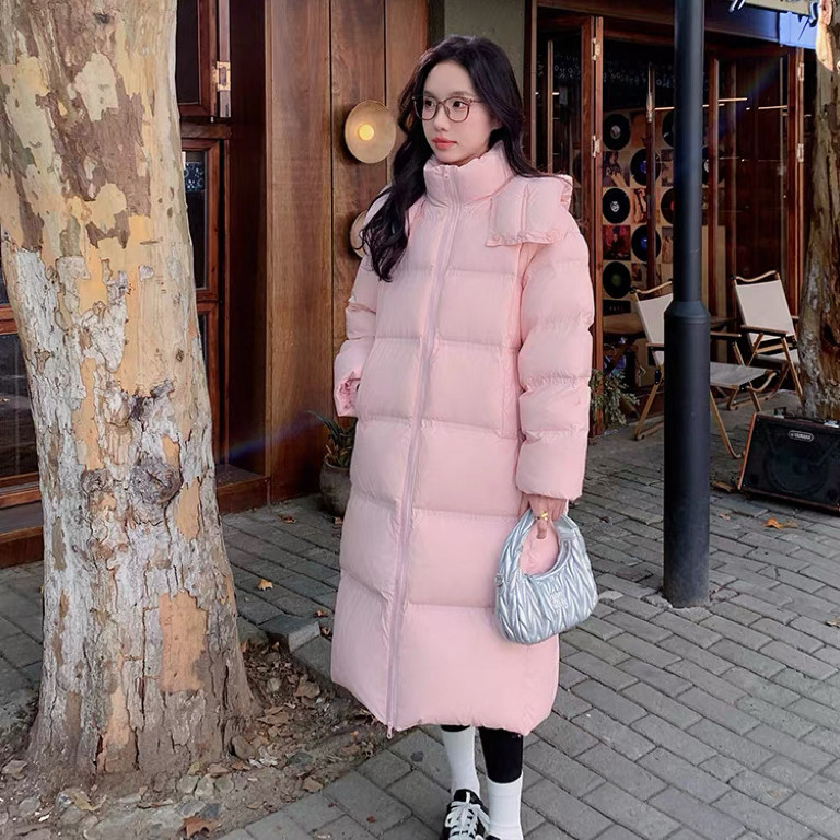 粉色连帽中长款过膝羽绒服女装冬季2026新款韩版温柔加厚显瘦外套