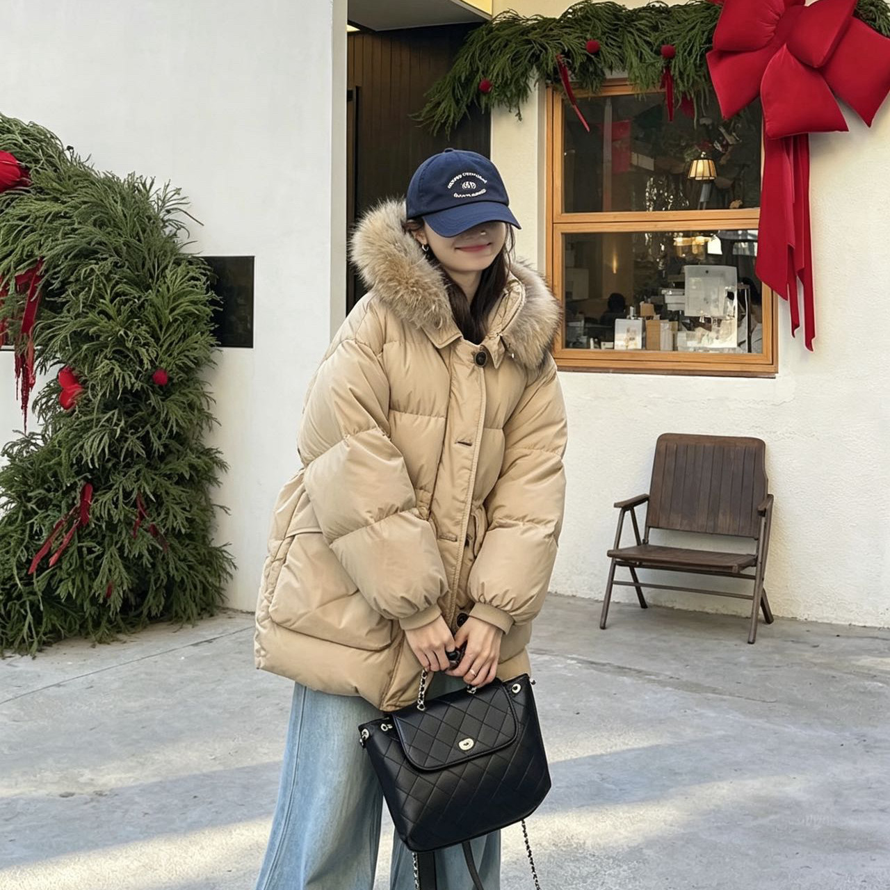 韩版羽绒服女中长款连帽2026新款冬收腰保暖小个子加厚外套真毛领