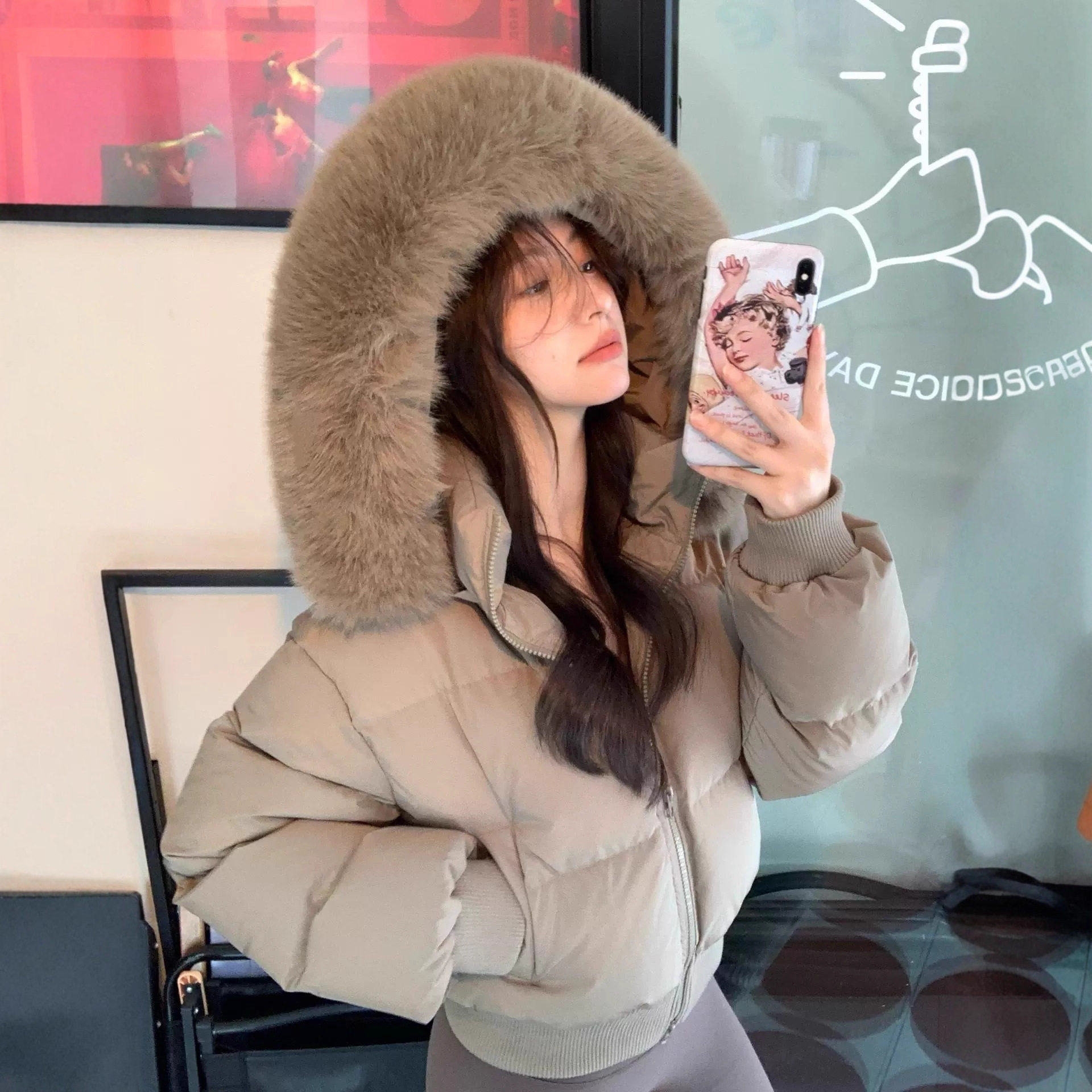 冬季新款90白鸭绒韩版大毛领羽绒服女短款肯豆高腰显瘦小个子外套