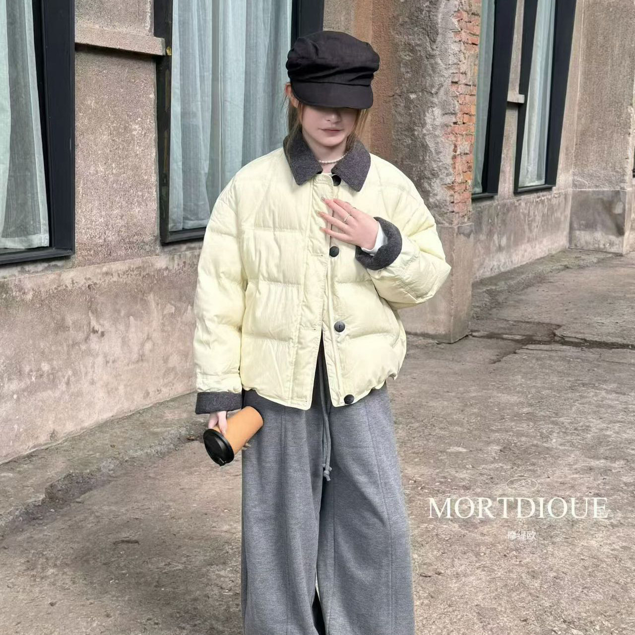 欧货温柔风针织拼接羽绒服女秋冬浅灰色纽扣开衫新款宽松保暖外套